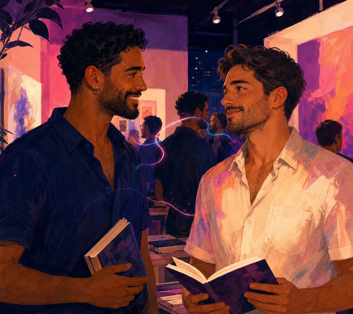 Dois homens adultos trocando olhares e sorrisos em um encontro cultural